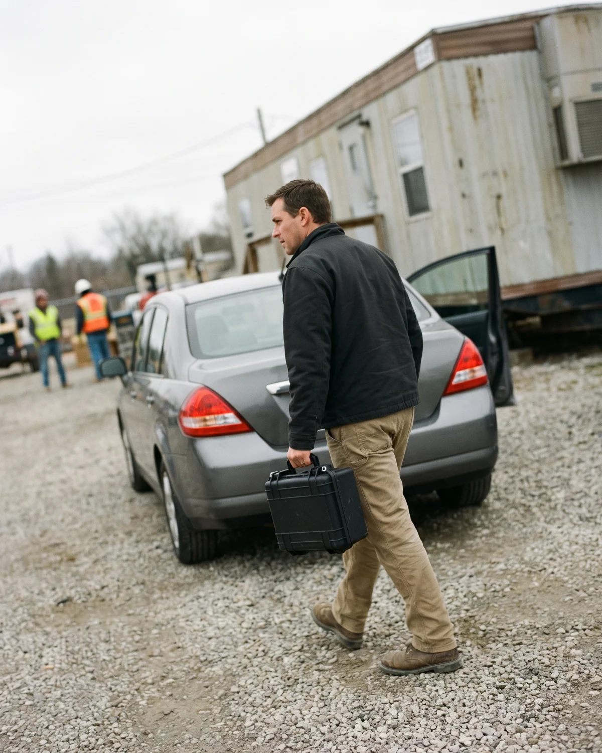 A collector in plain business-casual clothing steps out of an unmarked gray sedan at a construction jobsite, carrying a small equipment case toward the site office