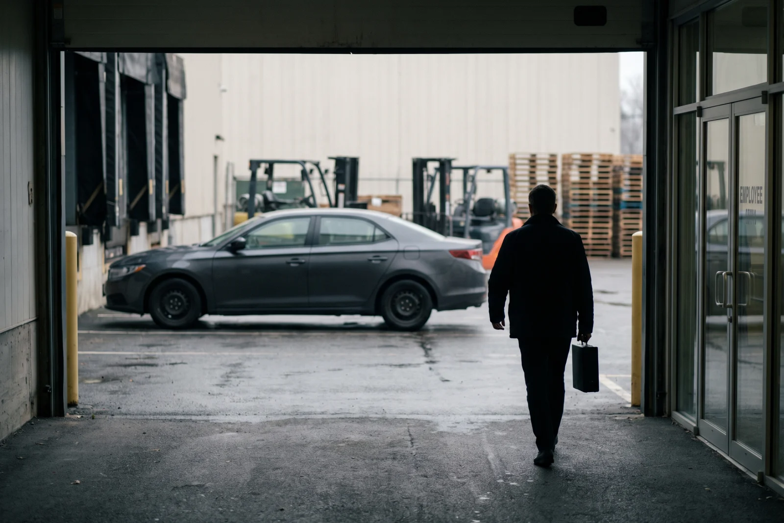 A collector carrying a small case walks from an unmarked sedan toward a warehouse loading dock at first light