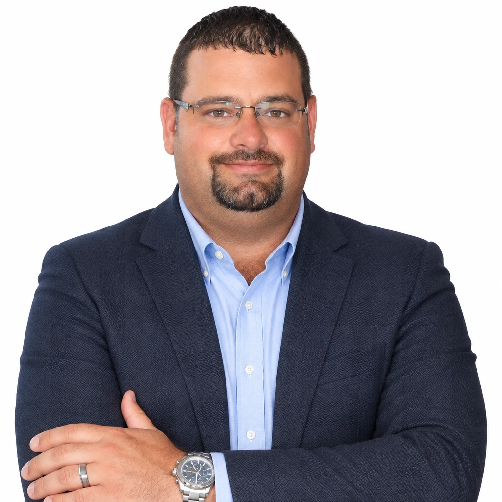 Michael Baldwin, owner of Local Mobile Drug Testing, in a navy blazer and light blue shirt